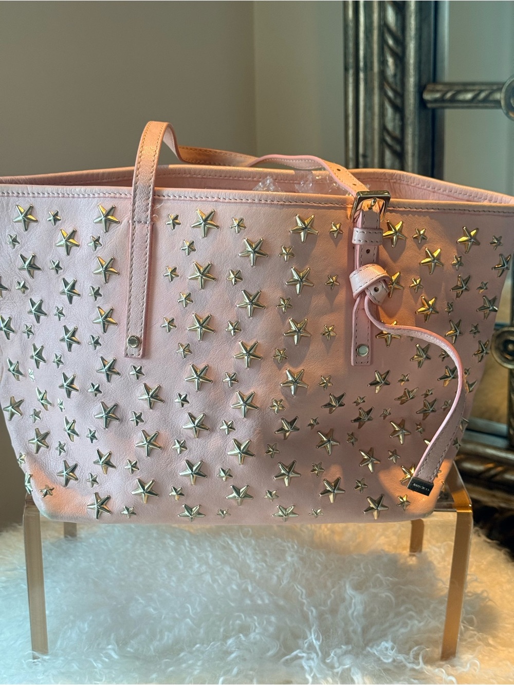 Jimmy Choo Pink Leather Sasha S Gold Star Studded Tote Bag EUC